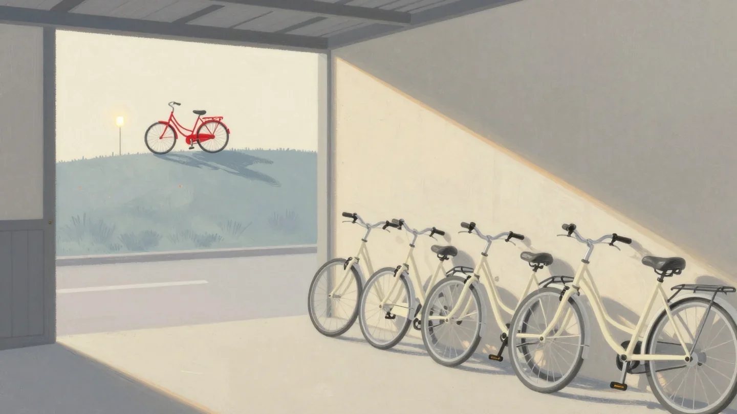 Gouache painting of a row of cream bicycles in a shed and one distant vermilion bicycle alone on a hilltop path