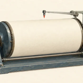 Gouache painting of a drum recorder with a clean blank paper strip on its roller and its pen arm lifted away, the pen tip vermilion