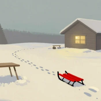 Gouache painting of dents in snow and boot prints leading away to a vermilion sled