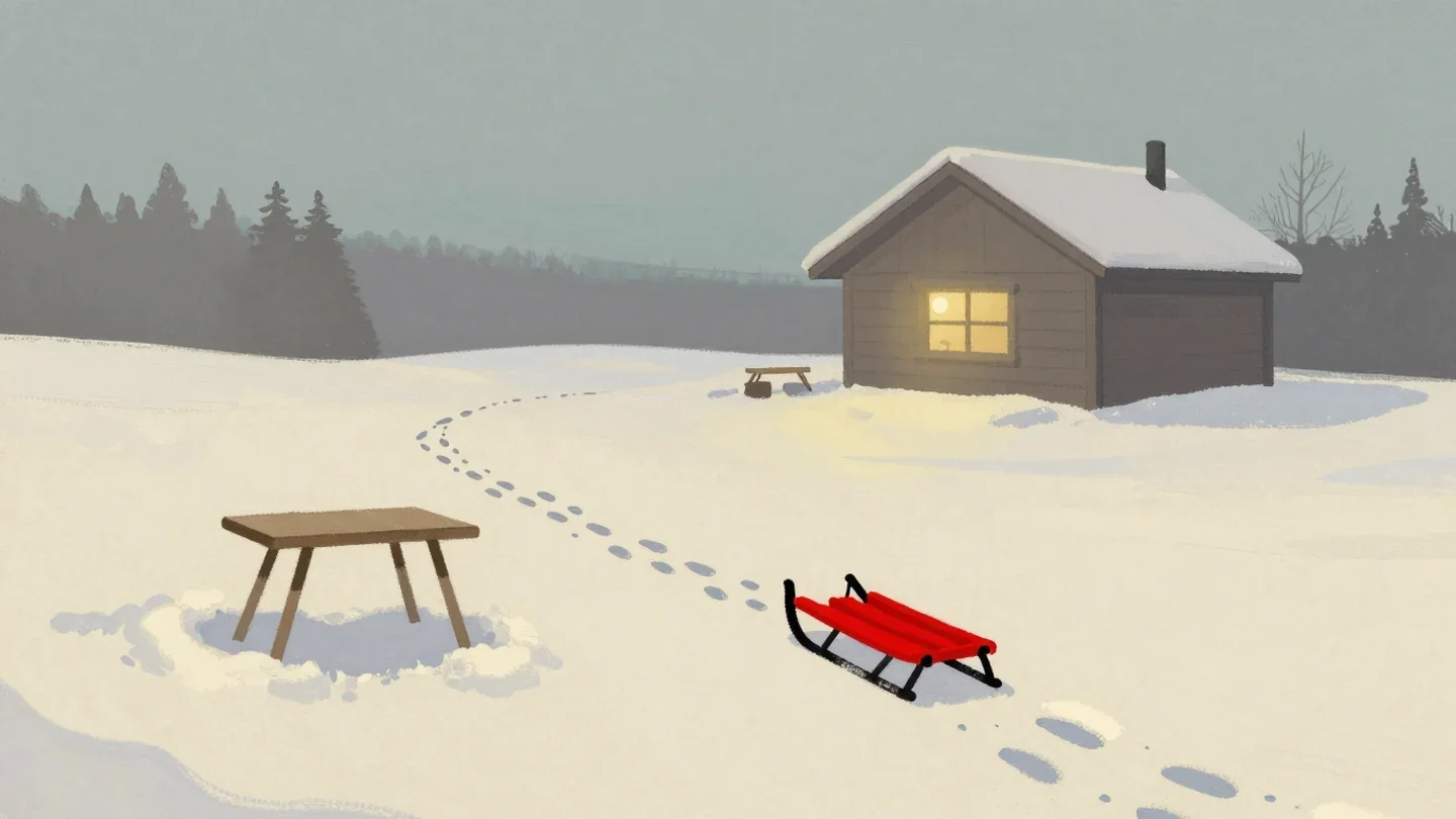 Gouache painting of dents in snow and boot prints leading away to a vermilion sled