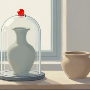 Gouache painting of a vase under a glass dome fastened with a vermilion clasp next to an unfinished clay pot