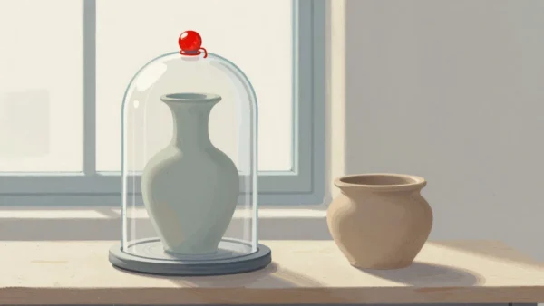 Gouache painting of a vase under a glass dome fastened with a vermilion clasp next to an unfinished clay pot
