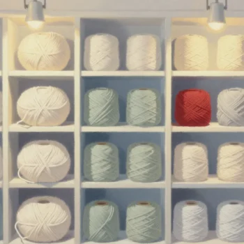 Gouache painting of a wall of cream and sage skeins in cubbies with one vermilion skein
