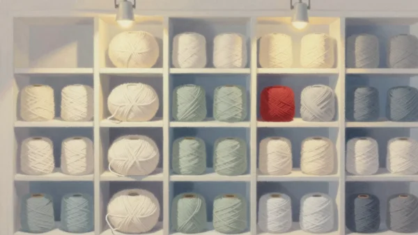 Gouache painting of a wall of cream and sage skeins in cubbies with one vermilion skein
