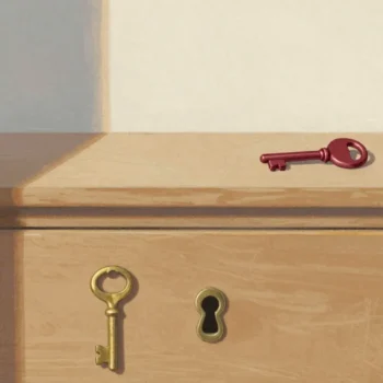 Gouache painting of a single wooden drawer with two keyholes, one holding a brass key and a vermilion key resting beside the other