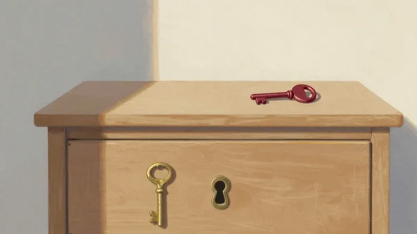 Gouache painting of a single wooden drawer with two keyholes, one holding a brass key and a vermilion key resting beside the other