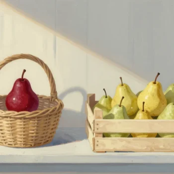 Gouache painting of a basket holding one vermilion pear beside a full crate of pears