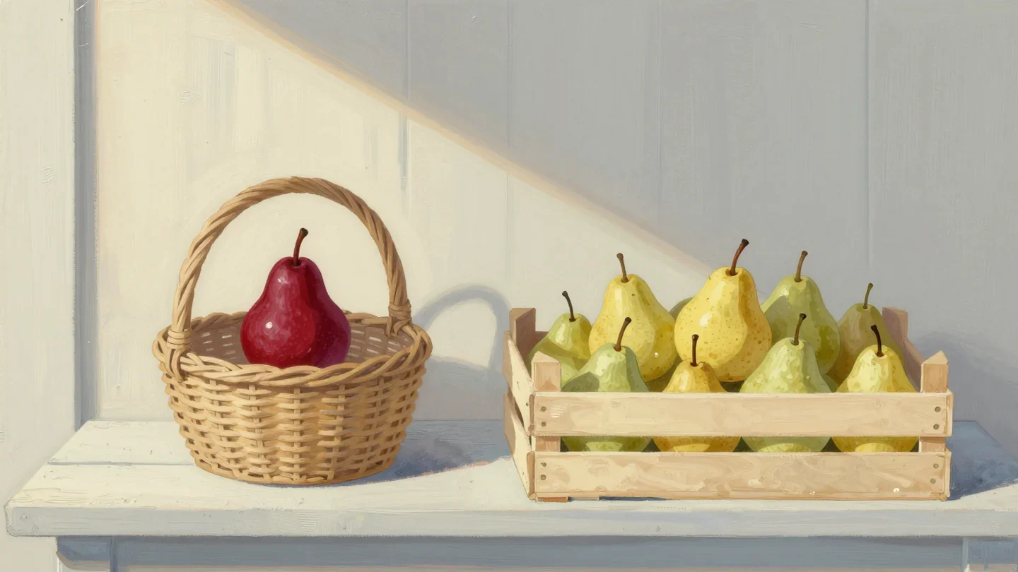 Gouache painting of a basket holding one vermilion pear beside a full crate of pears