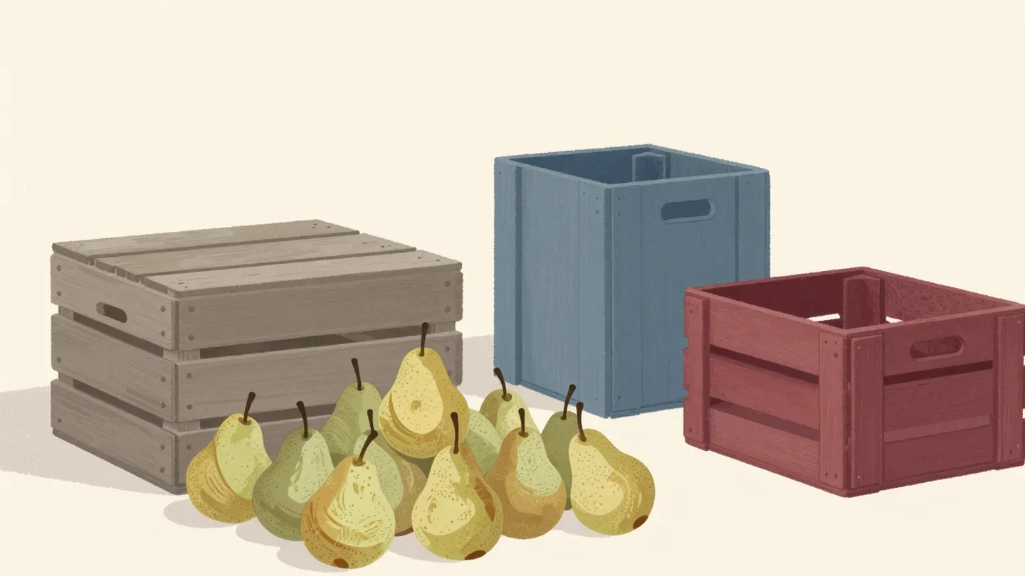 Gouache painting of a heap of pears beside a grey wooden crate, a blue crate and an open vermilion crate