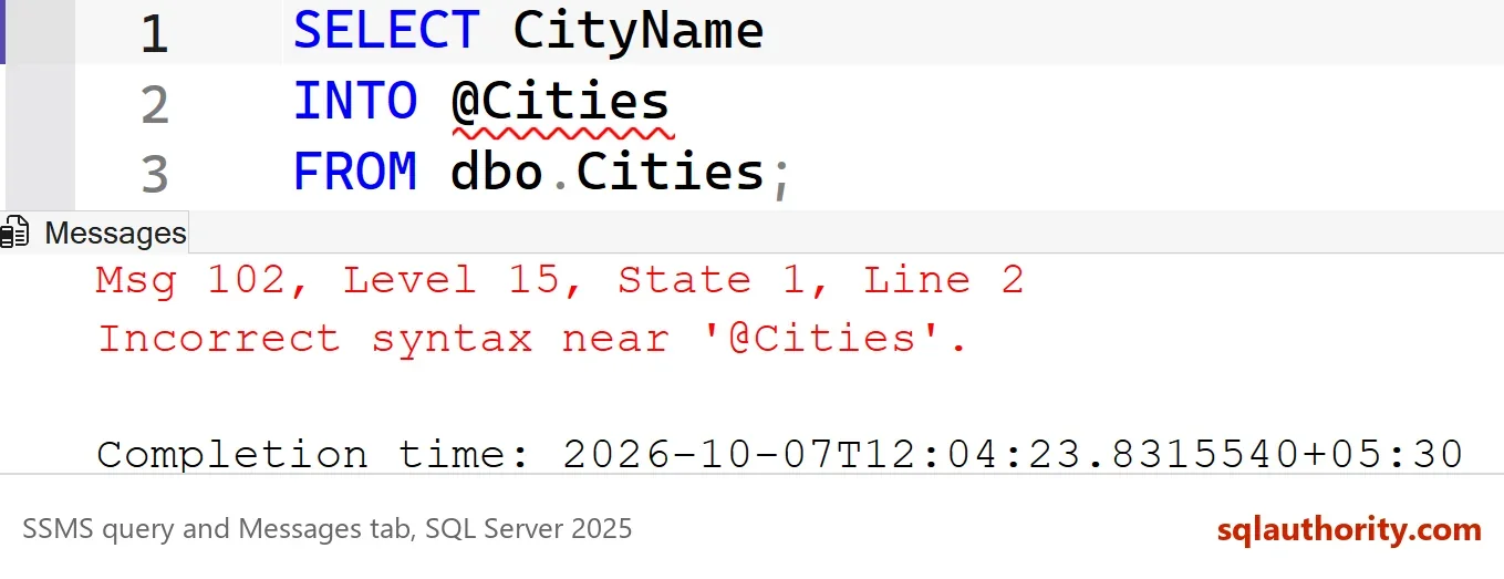 SSMS Messages tab showing Msg 102, Level 15, State 1, Line 2, Incorrect syntax near '@Cities'.