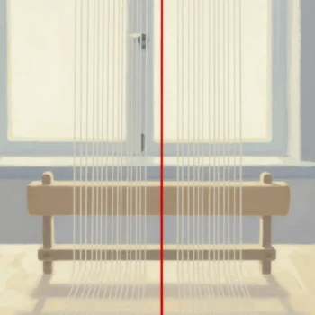 Gouache painting of a loom with pale vertical threads and one vermilion thread