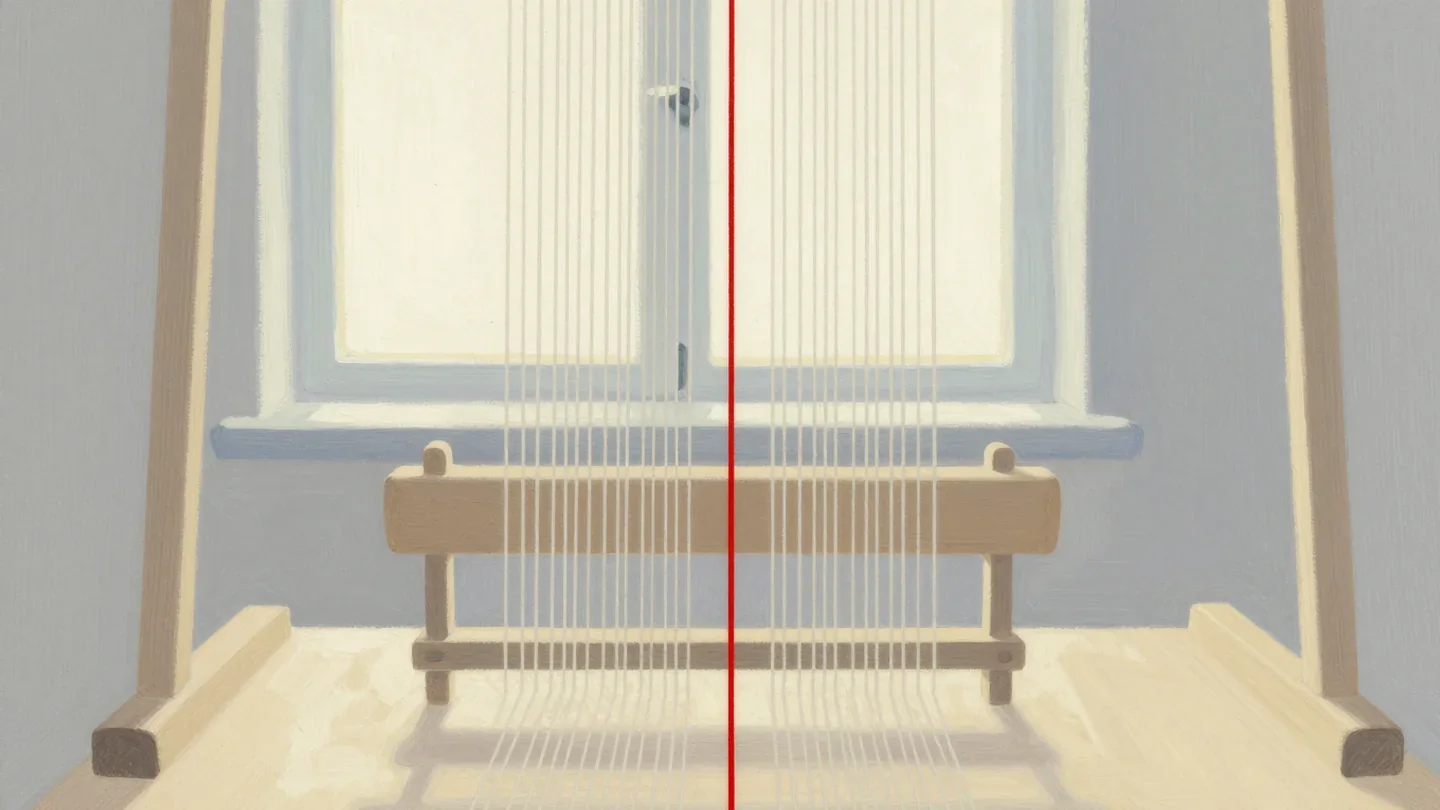 Gouache painting of a loom with pale vertical threads and one vermilion thread