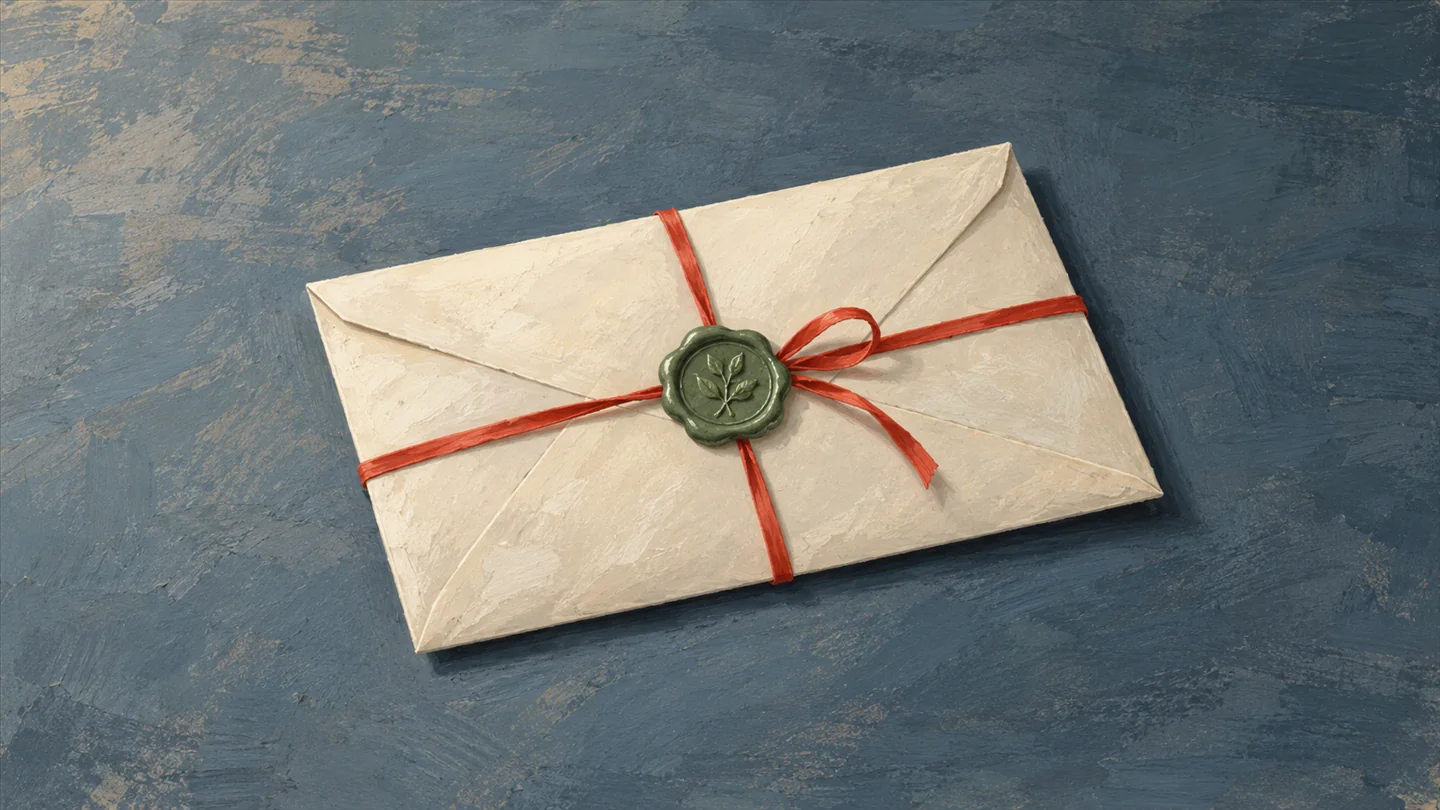 Gouache painting of a cream envelope with a sage-green wax seal on a slate-blue table, tied with a vermilion ribbon