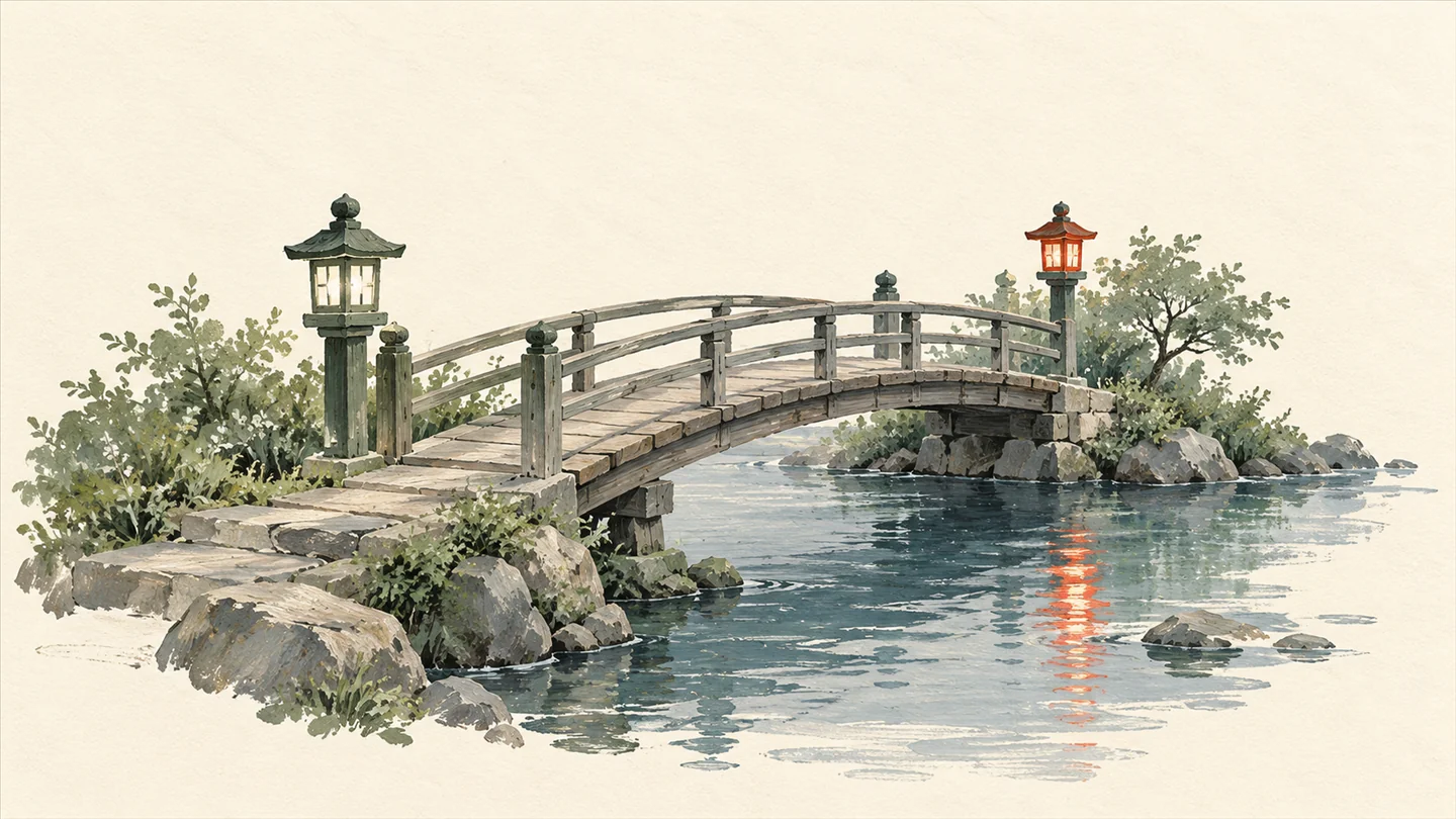 Gouache painting of a narrow wooden footbridge over a calm slate-blue stream with sage lantern posts and one vermilion lantern at the far end