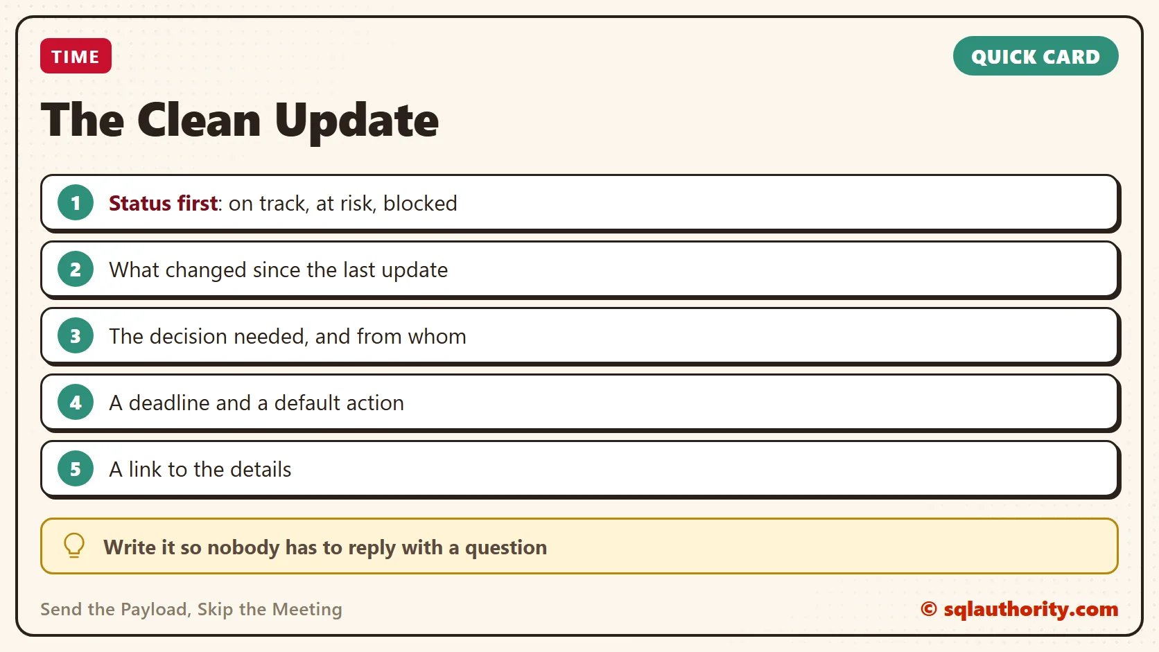 Quick reference card: Send the Payload, Skip the Meeting: Async Updates That Save Hours