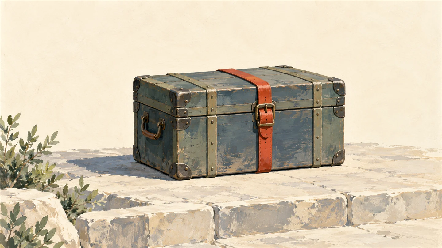 Gouache painting of a packed wooden trunk latched shut on a pale stone platform with a vermilion strap