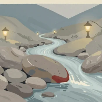 Gouache painting of a mountain stream blocked by one large vermilion stone with water backing up behind it