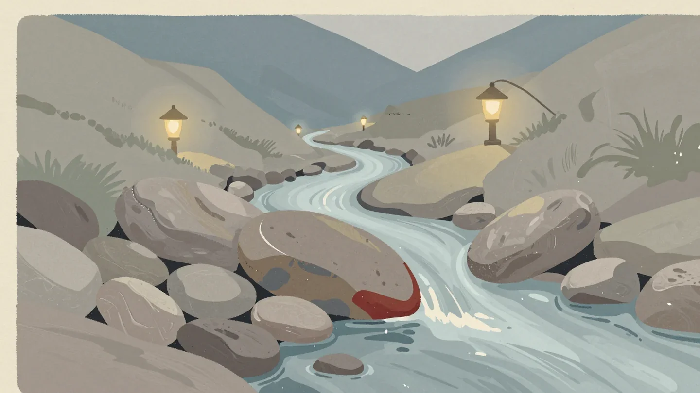 Gouache painting of a mountain stream blocked by one large vermilion stone with water backing up behind it