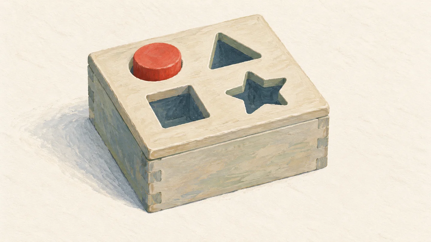 Gouache painting of a wooden shape-sorter box with a round vermilion peg fitted neatly into a round hole