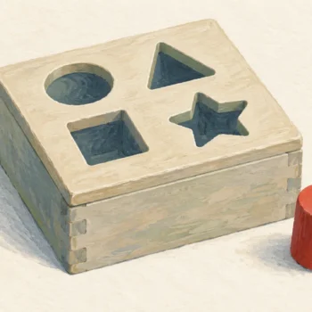 Gouache painting of a wooden shape-sorter box with a round vermilion peg resting beside a square hole on the lid