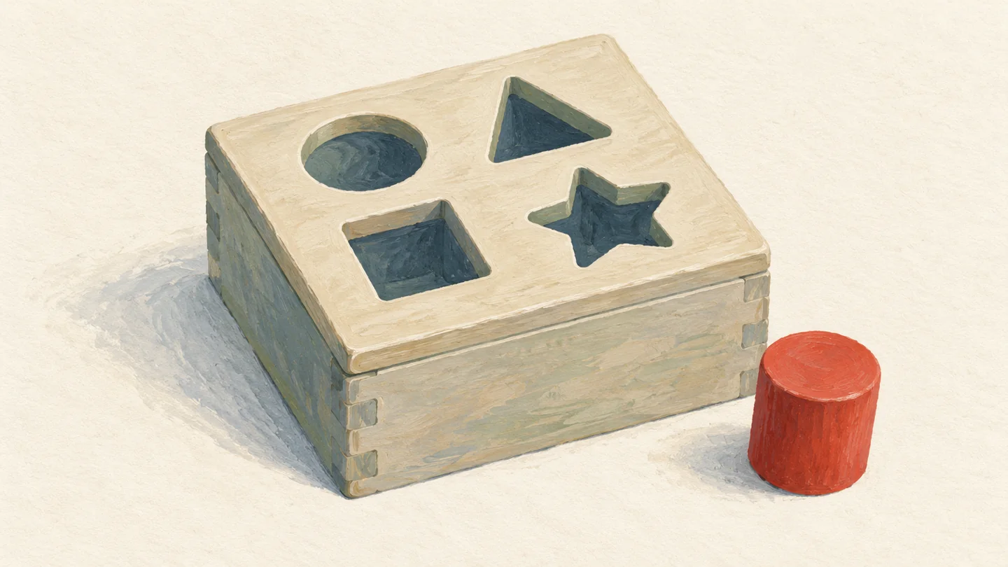 Gouache painting of a wooden shape-sorter box with a round vermilion peg resting beside a square hole on the lid