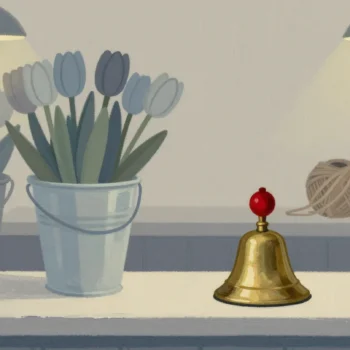 Gouache painting of a brass service bell with a red felt cap on a flower shop counter in front of buckets of tulips