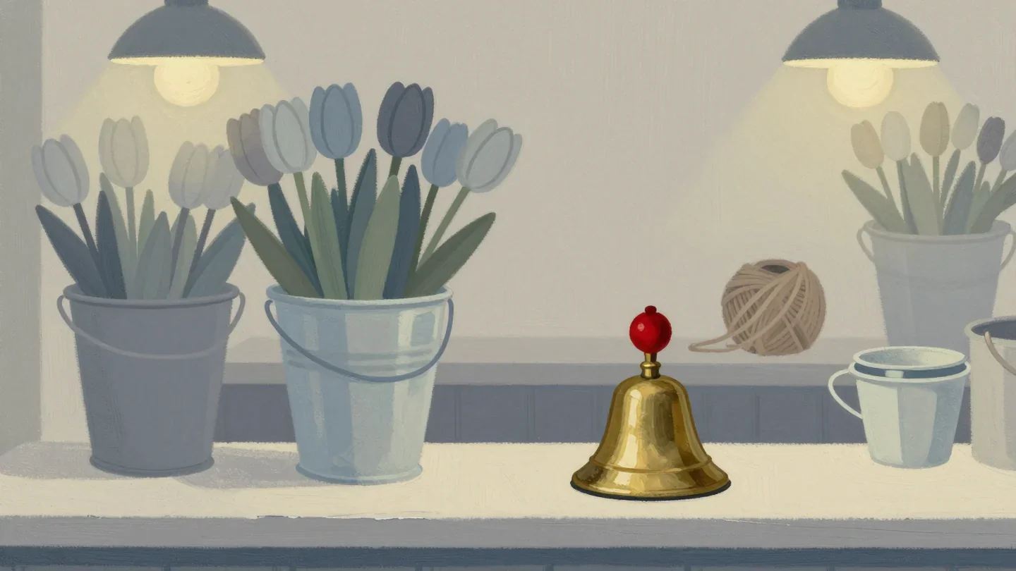 Gouache painting of a brass service bell with a red felt cap on a flower shop counter in front of buckets of tulips