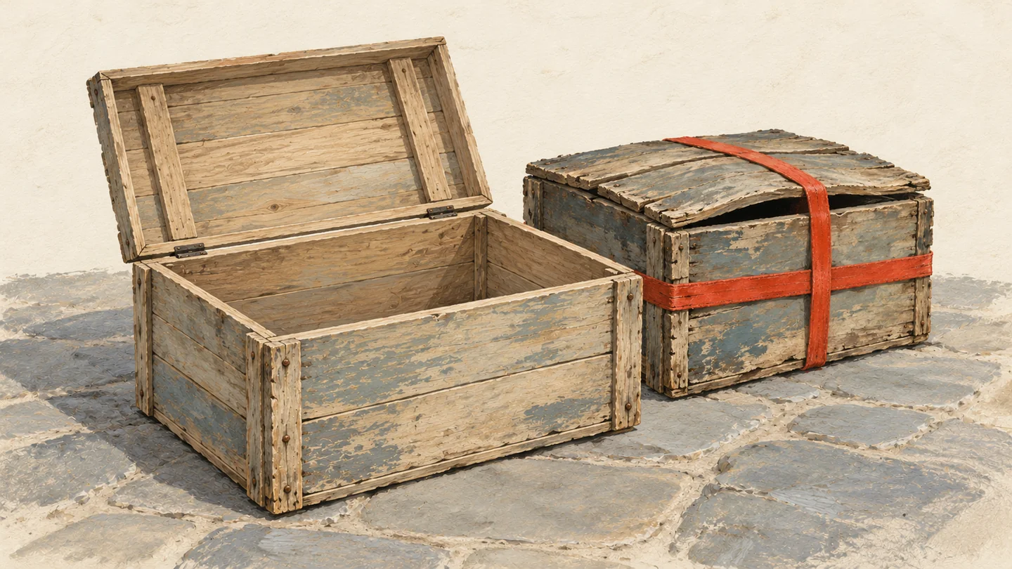 Gouache painting of a fresh empty wooden crate with its lid open, set beside an older crate with a swollen lid and a vermilion strap