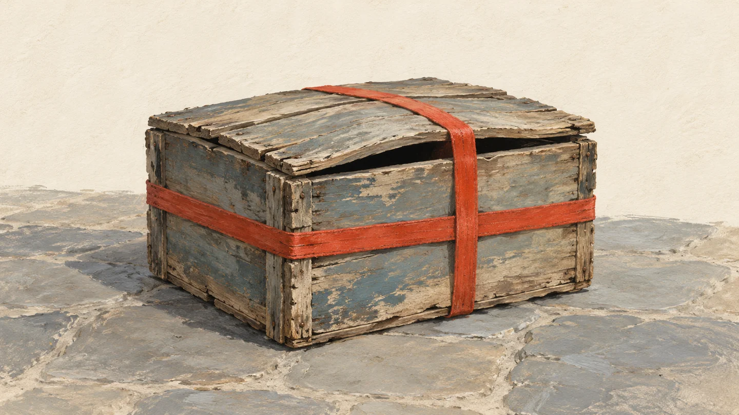 Gouache painting of an old wooden crate with a swollen lid that will not close, bound by a vermilion strap, standing on a stone floor