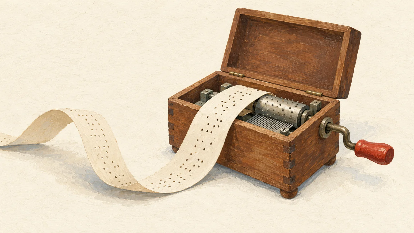 Gouache painting of an old wooden music box with a vermilion crank fitted and the lid open, a ribbon of paper tape curling out of it