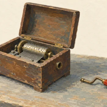 Gouache painting of an old wooden music box on a table with its crank handle missing, the vermilion crank lying beside it