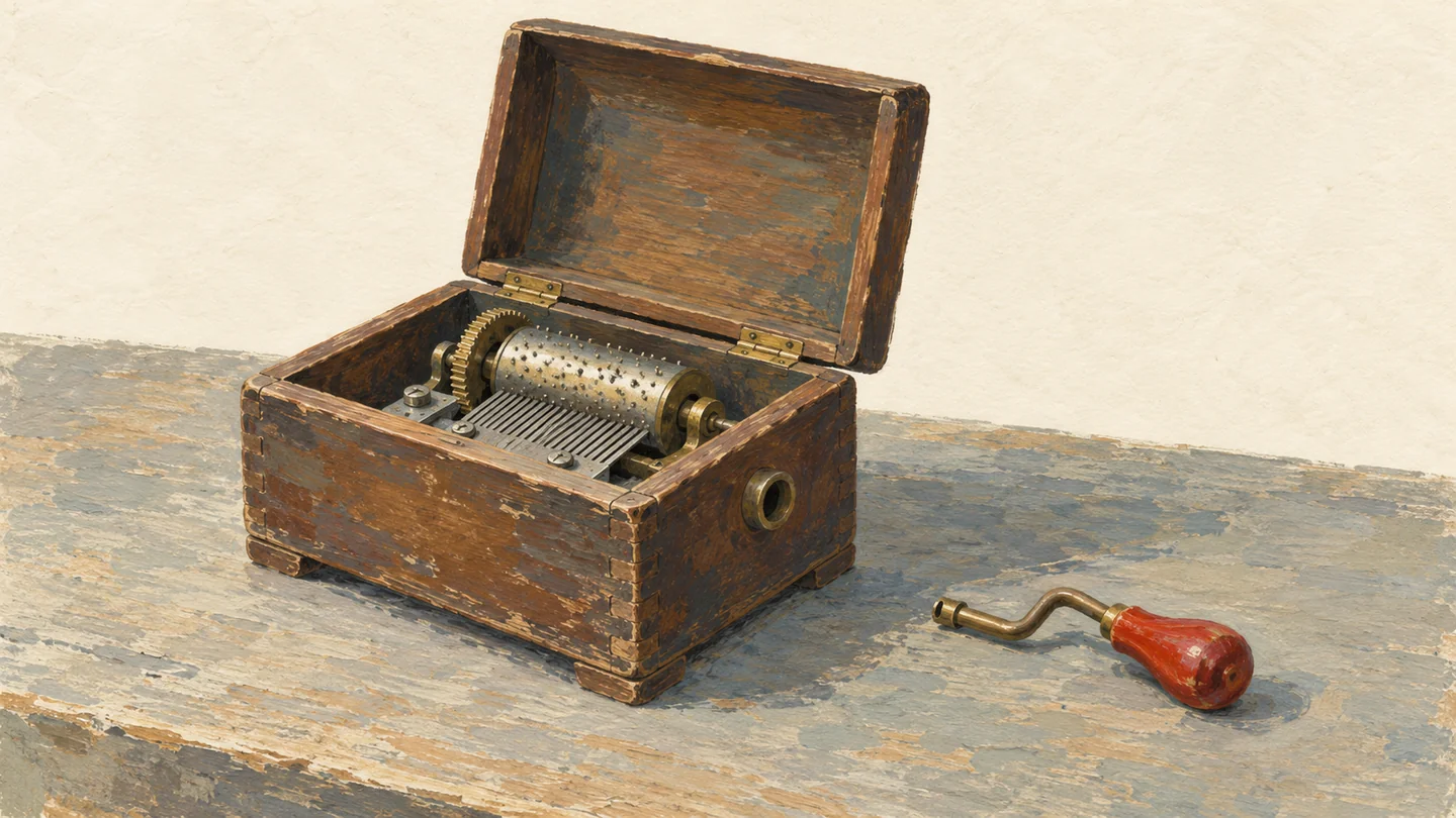 Gouache painting of an old wooden music box on a table with its crank handle missing, the vermilion crank lying beside it
