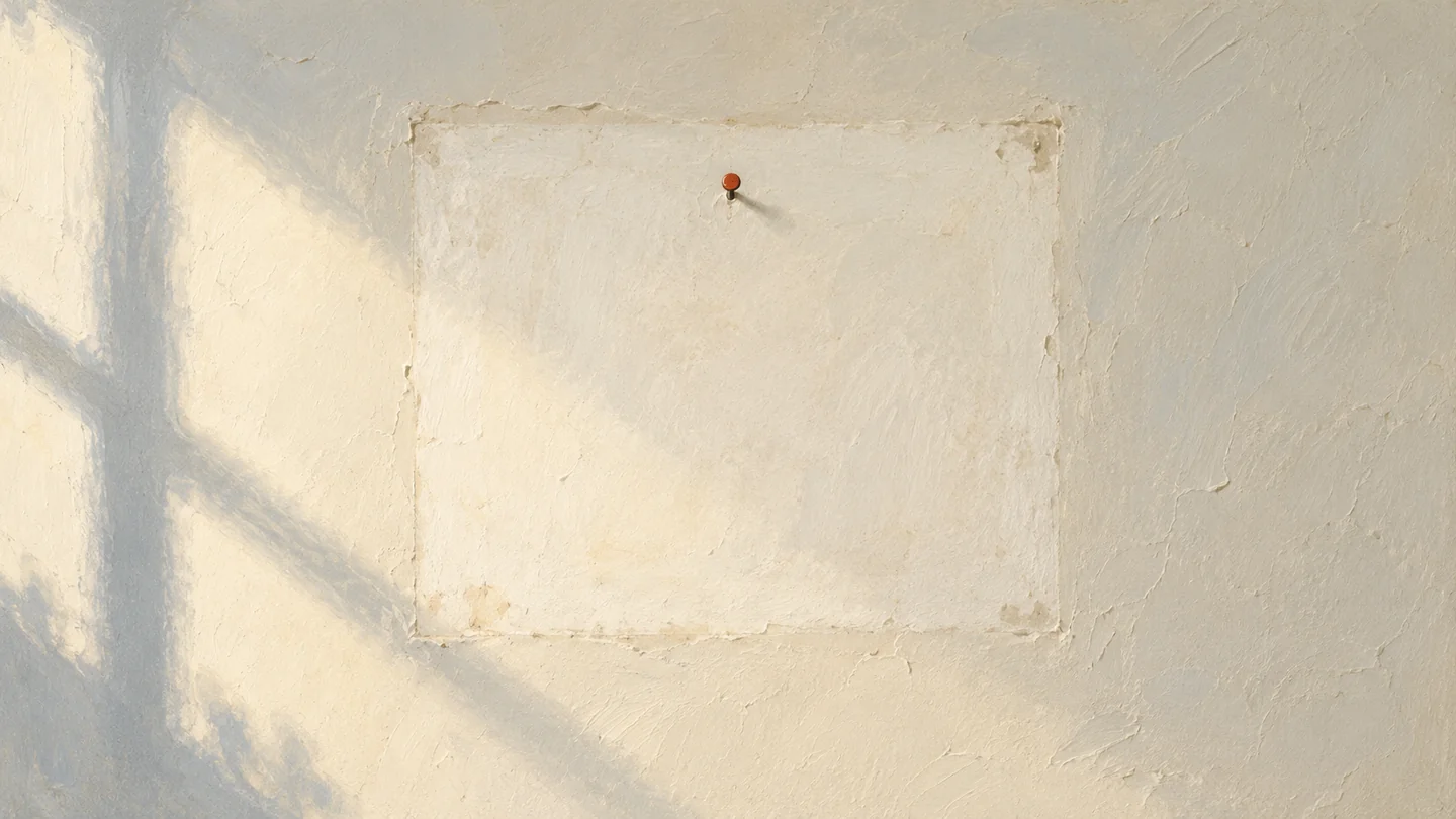 Gouache painting of a cream wall with a faint pale rectangle where a picture used to hang, and one nail with a vermilion head left in the wall