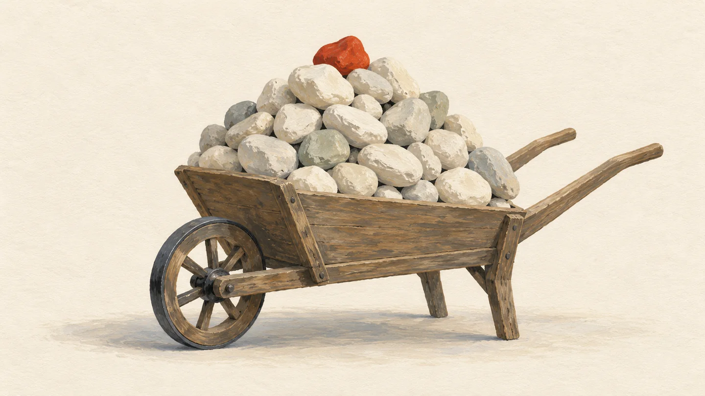 Gouache painting of a small wooden wheelbarrow heaped above its rim with cream stones, one vermilion stone on top