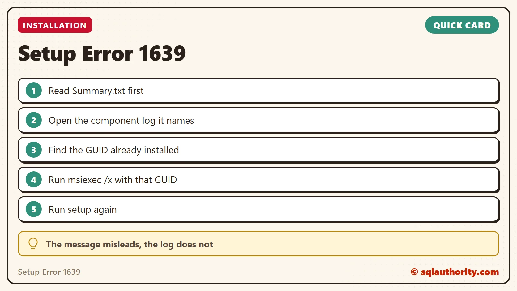 Quick reference card: Setup error 1639