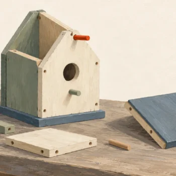 Gouache painting of a half-assembled wooden birdhouse on a workbench, with one vermilion peg in its top and the unused pieces lying beside it