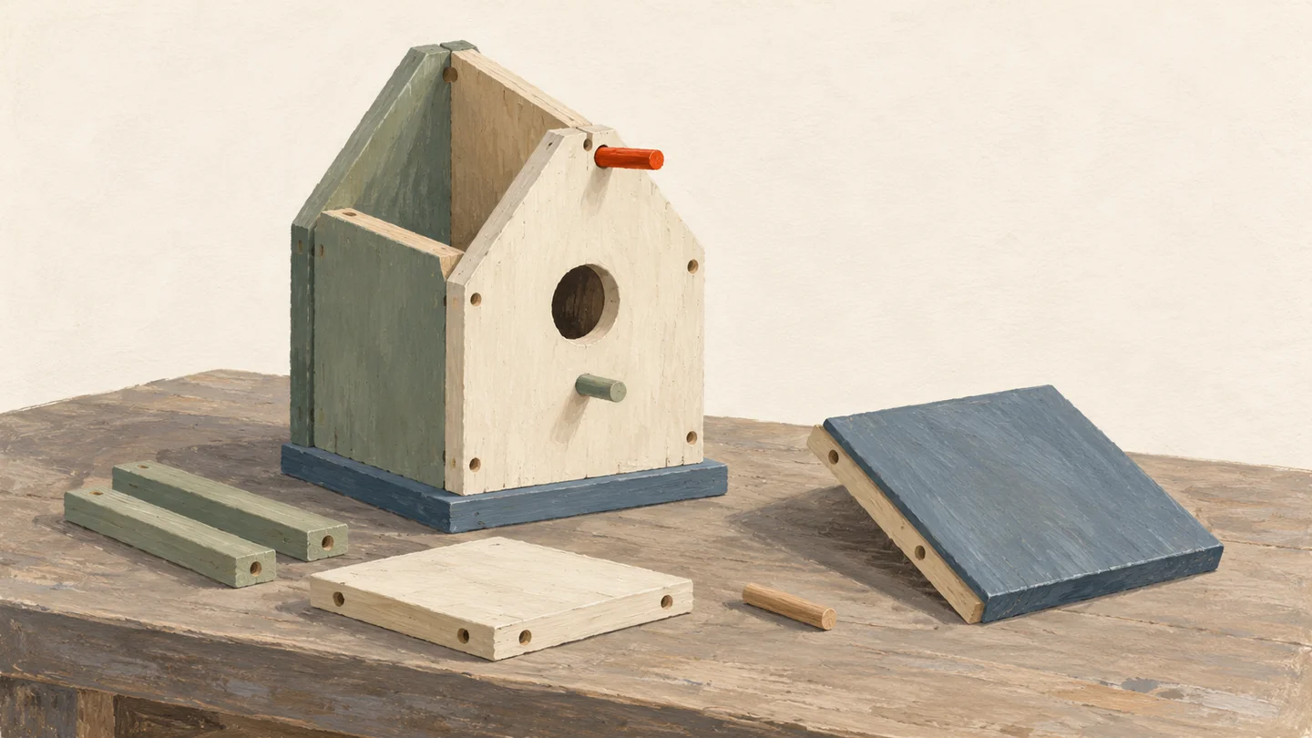 Gouache painting of a half-assembled wooden birdhouse on a workbench, with one vermilion peg in its top and the unused pieces lying beside it