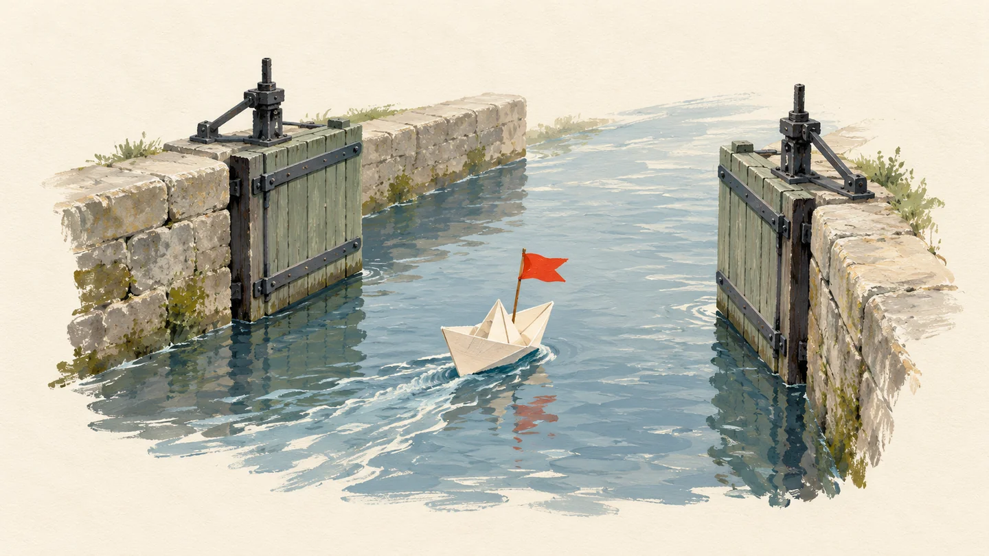 Gouache painting of a stone canal lock with its sluice open and a small paper boat gliding through, a vermilion flag on the boat