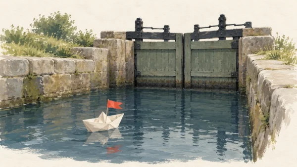 Gouache painting of a stone canal lock with its sluice closed and a small paper boat waiting in the water, a vermilion flag on the boat