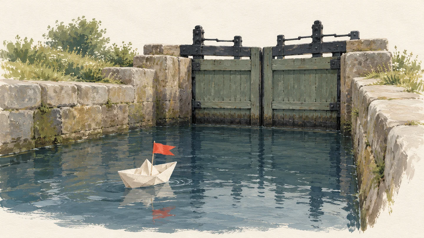 Gouache painting of a stone canal lock with its sluice closed and a small paper boat waiting in the water, a vermilion flag on the boat