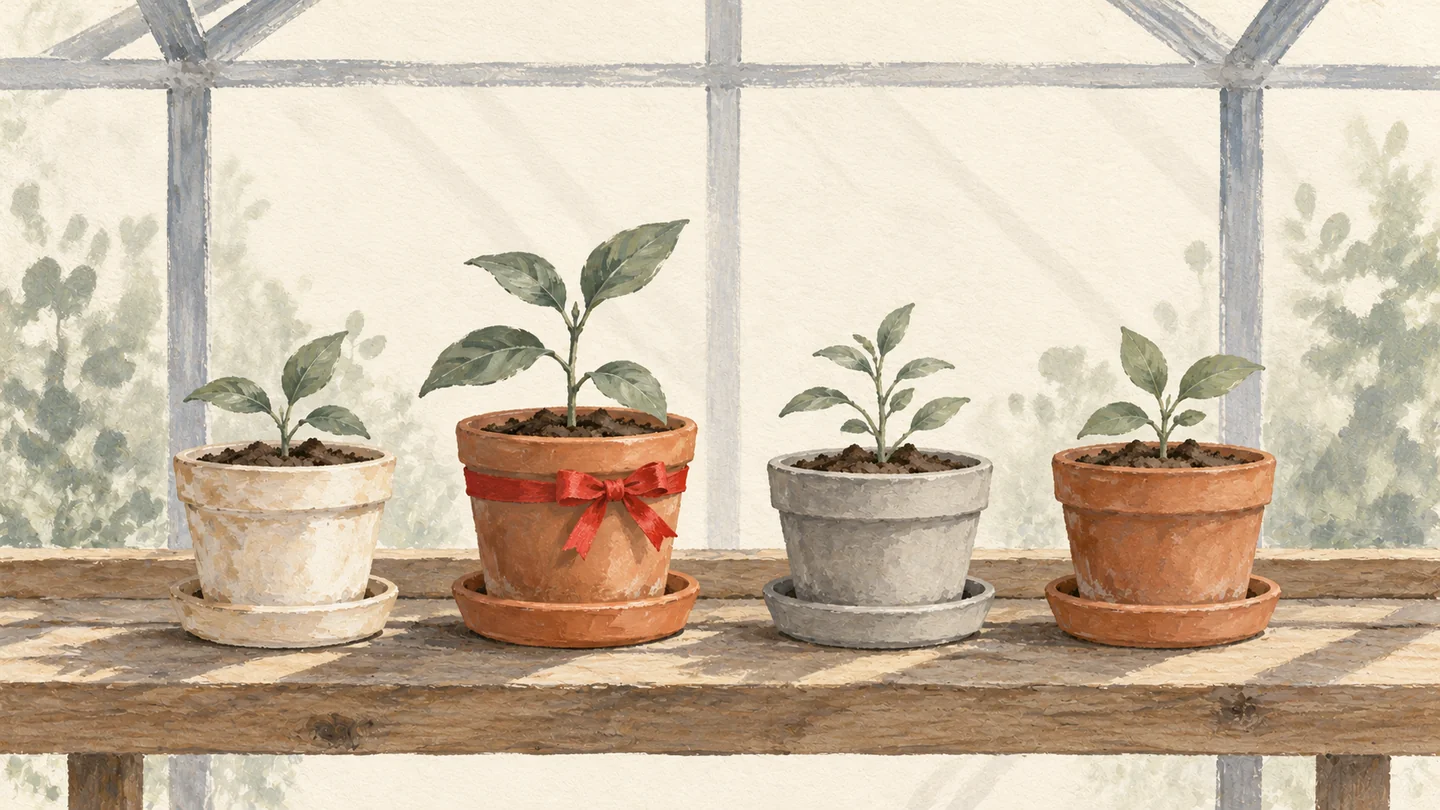 Gouache painting of a seedling in a terracotta pot and saucer on a wooden greenhouse shelf, with three smaller pots in saucers beside it and a vermilion ribbon on the pot