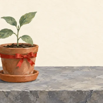Gouache painting of a small terracotta pot with a seedling, standing in a saucer on a wide bare grey stone slab, a vermilion ribbon tied around the pot