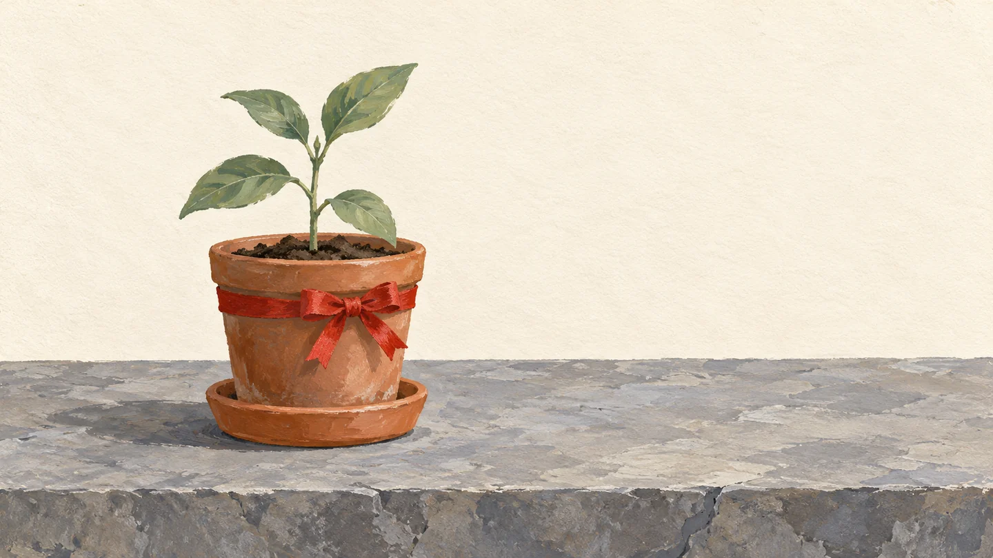Gouache painting of a small terracotta pot with a seedling, standing in a saucer on a wide bare grey stone slab, a vermilion ribbon tied around the pot