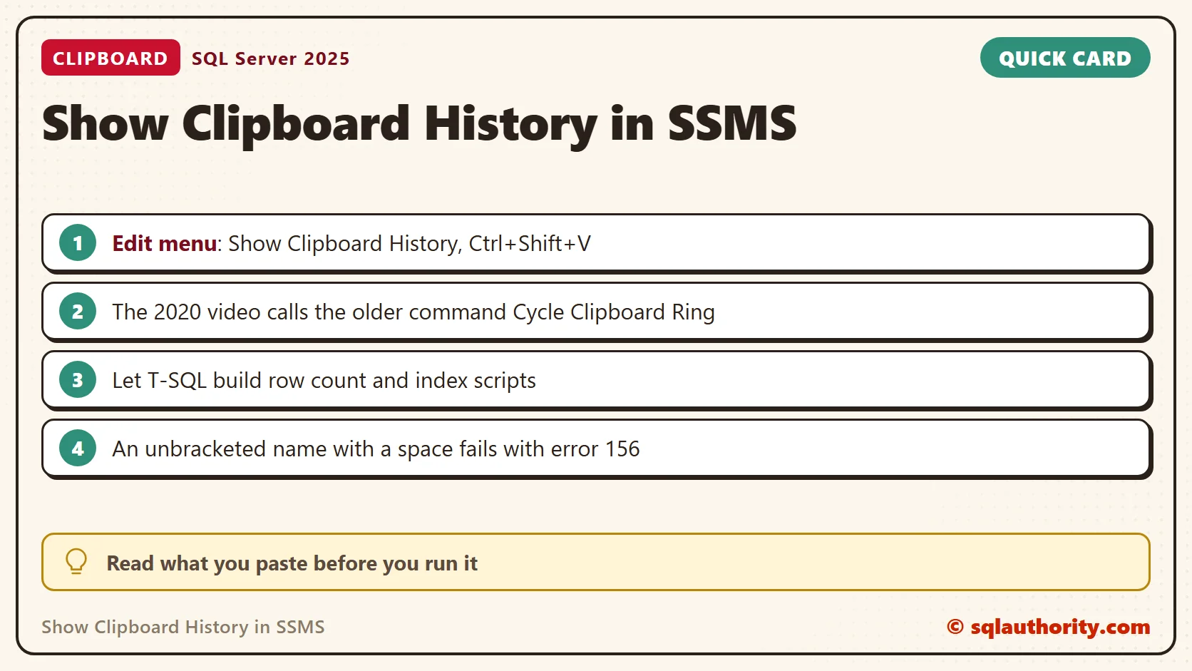 Quick reference card: Show Clipboard History in SSMS: SQL in Sixty Seconds #129