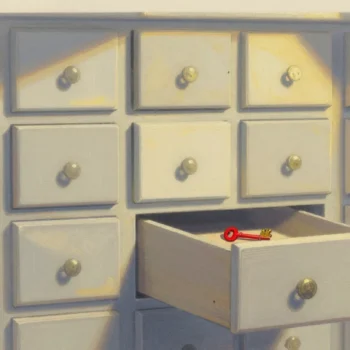 Gouache painting of a wall of small drawers with one pulled open showing a vermilion key
