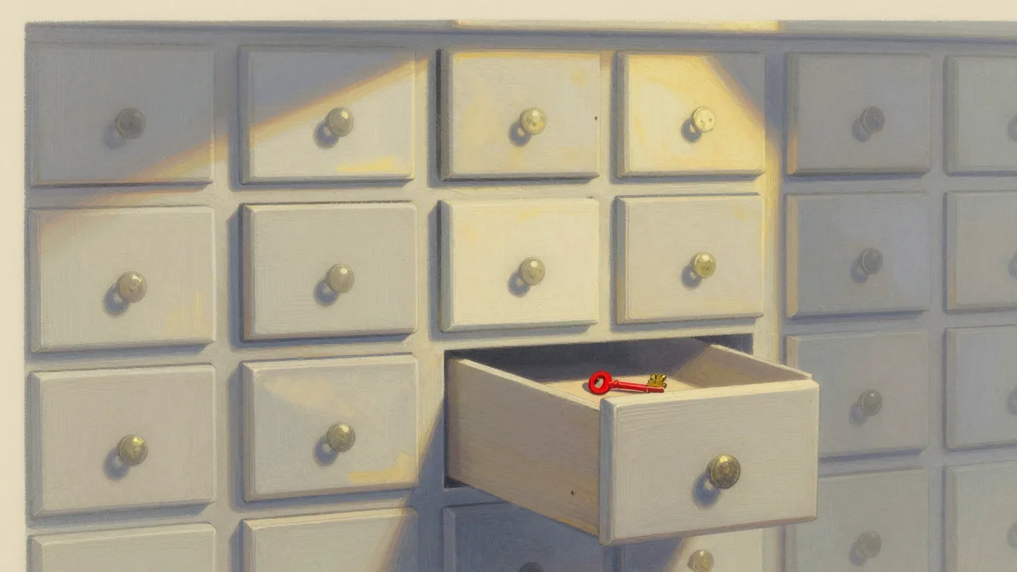 Gouache painting of a wall of small drawers with one pulled open showing a vermilion key