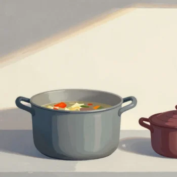Gouache painting of a huge stockpot with a little soup beside a smaller pot with a vermilion lid