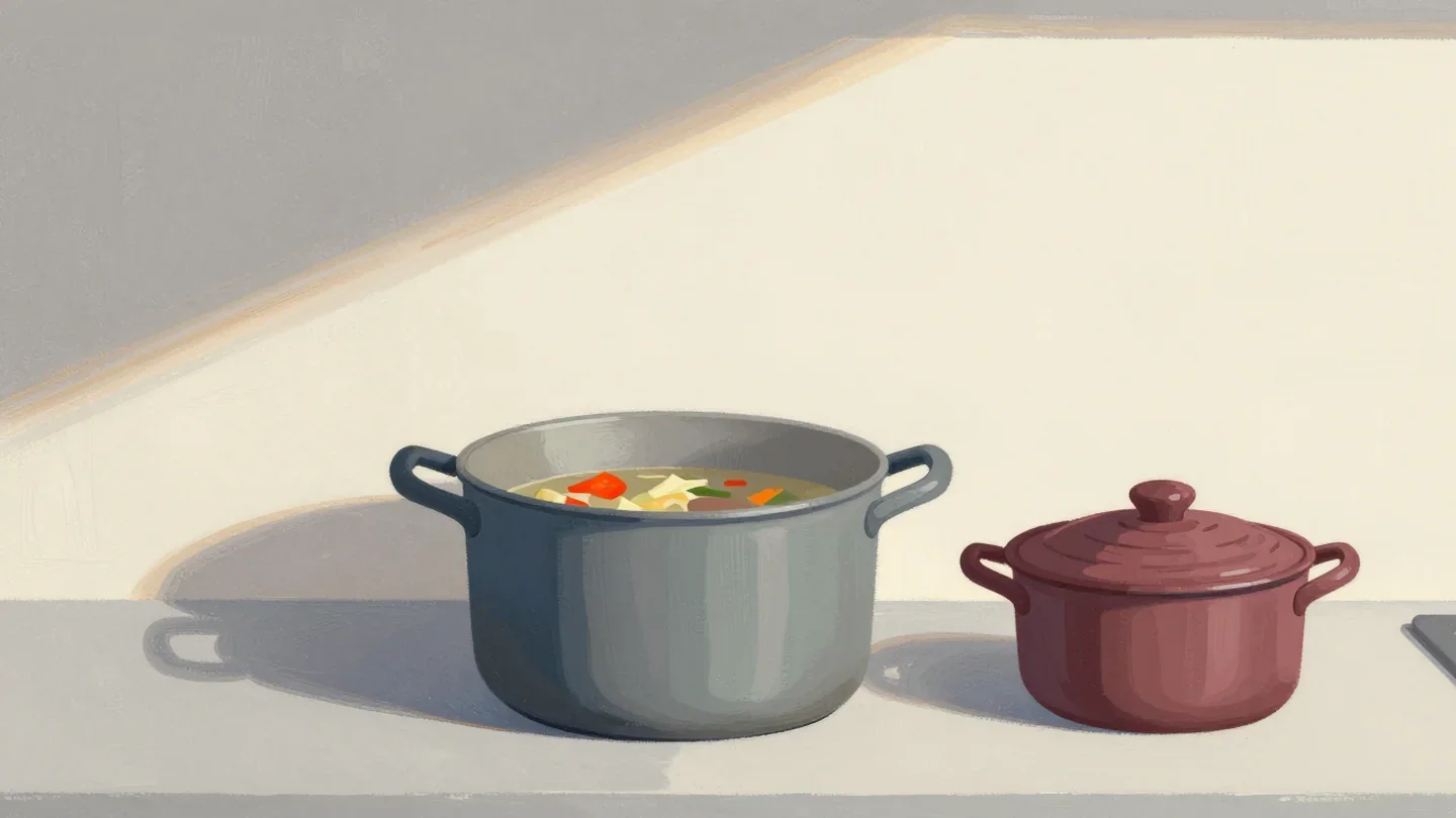 Gouache painting of a huge stockpot with a little soup beside a smaller pot with a vermilion lid