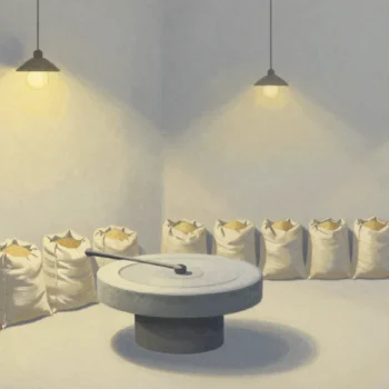 Gouache painting of a single millstone with a line of grain sacks waiting and the first sack in vermilion