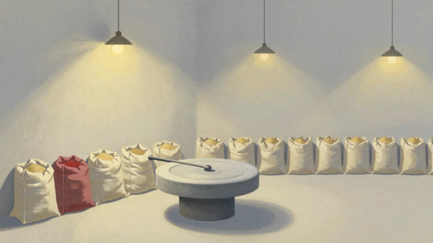 Gouache painting of a single millstone with a line of grain sacks waiting and the first sack in vermilion